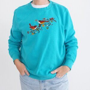 Basic Editions Teal Embroidered Birds Crewneck Sweater L